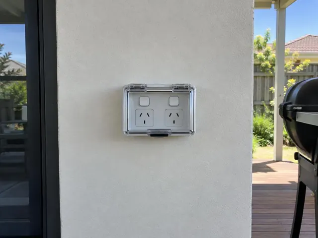 Weatherproof double power point on a rendered exterior wall beside a patio in Wyee
